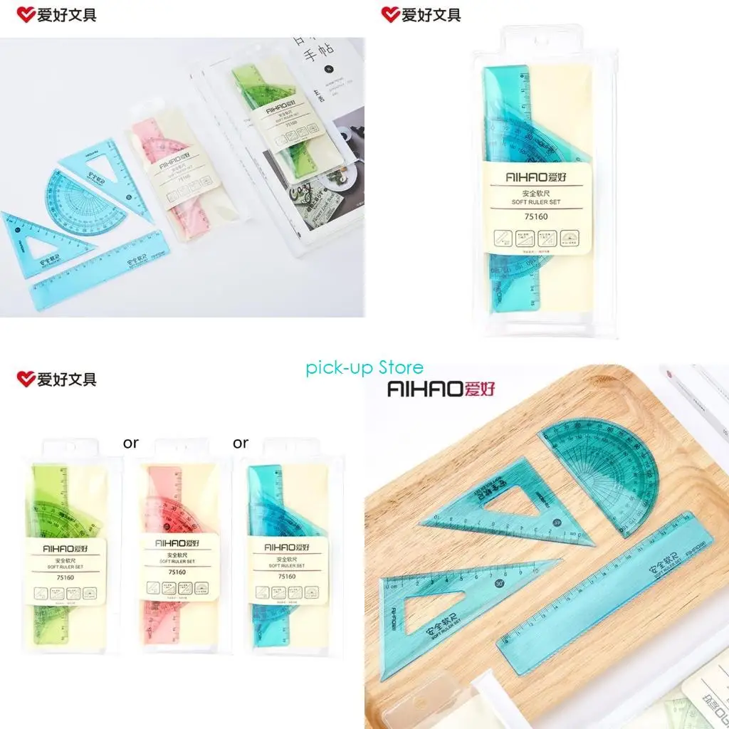 Q5WA Plastic Clear Ruler Math Set Geometry Math Ruler Clear Ruler Measuring Tools