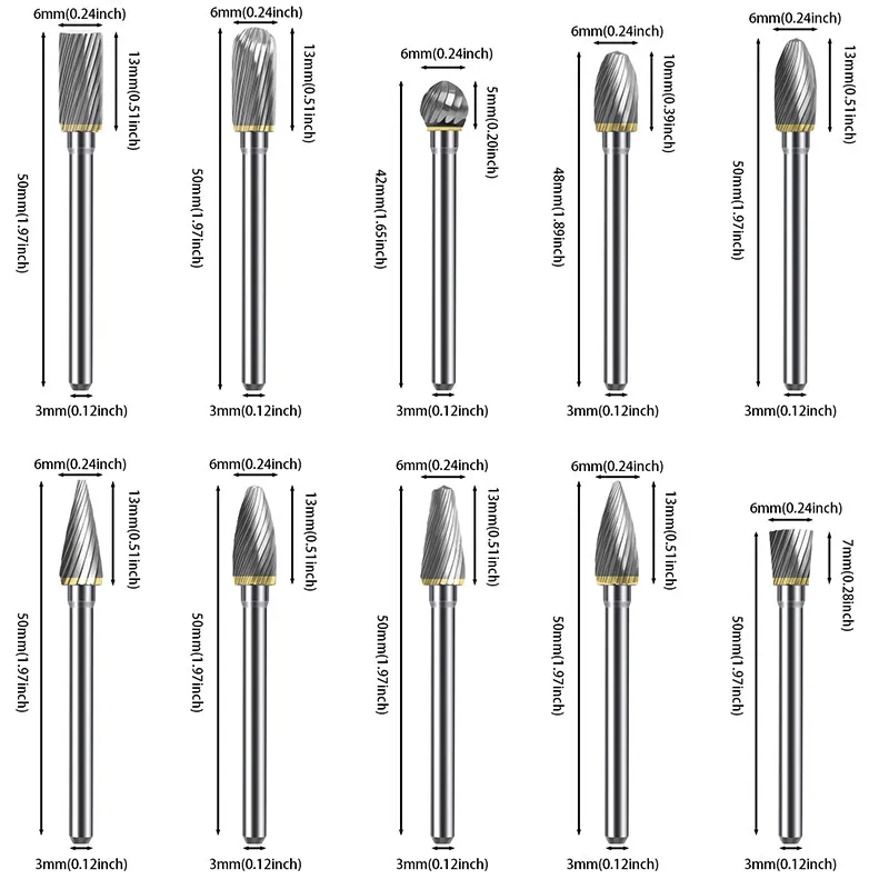 Suitable for 10 piece set of hard alloy rotating burr drill bits for cutting, carving, polishing, and drilling