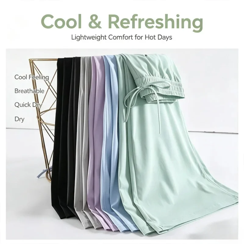2026 New Women UV Sun Protection Ice Silk Pants Quick Dry Thin Micro Flare Pants High Waist Slim Fit Casual Walking Trousers