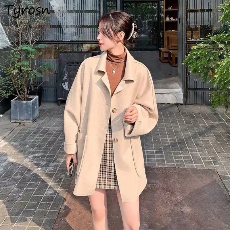 

Women Autumn Winter Outwear Wool Blends All-match Elegant Tender Fashion Loose Single-breasted Chic Woolen Casual Ins