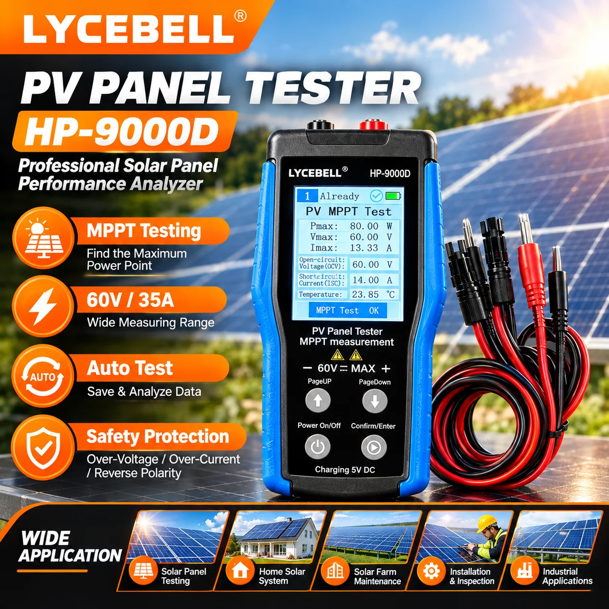 HoldPeak 9000D Solar Panel Power Meter 800W MPPT 60V 35A Voc/Isc 14 Data Logger 2.8