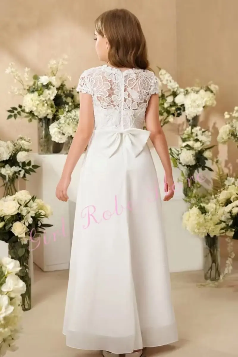 Customized Ivory Flower Girl Dress For Wedding Chiffon Lace Short Sleeves A-Line With Bow Elegant Princess First Communion Gown
