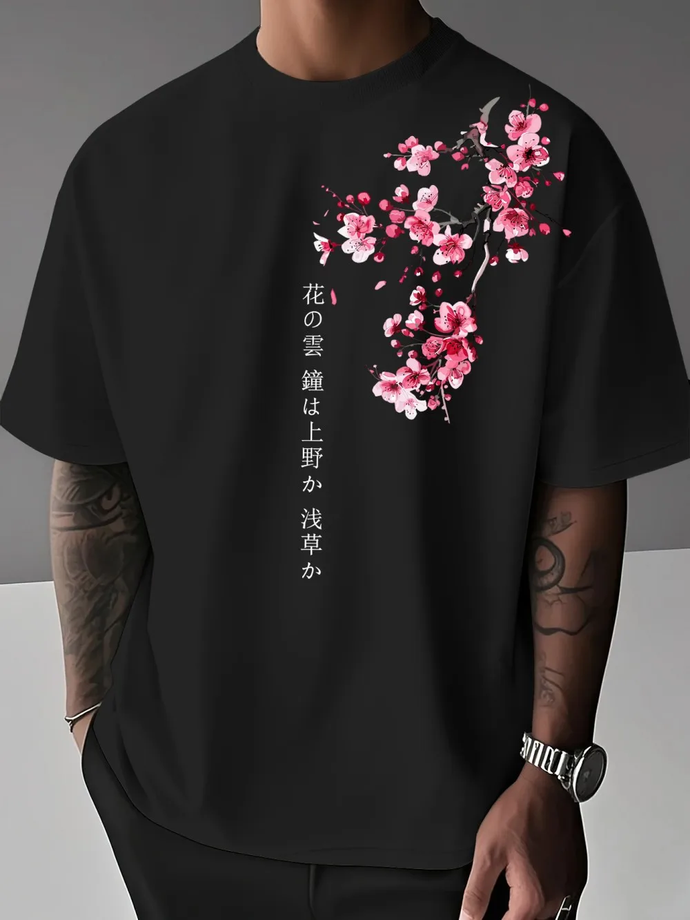 Men's summer cherry blossom letter printed machine washed comfortable and breathable round neck T-shirt outdoor casual top