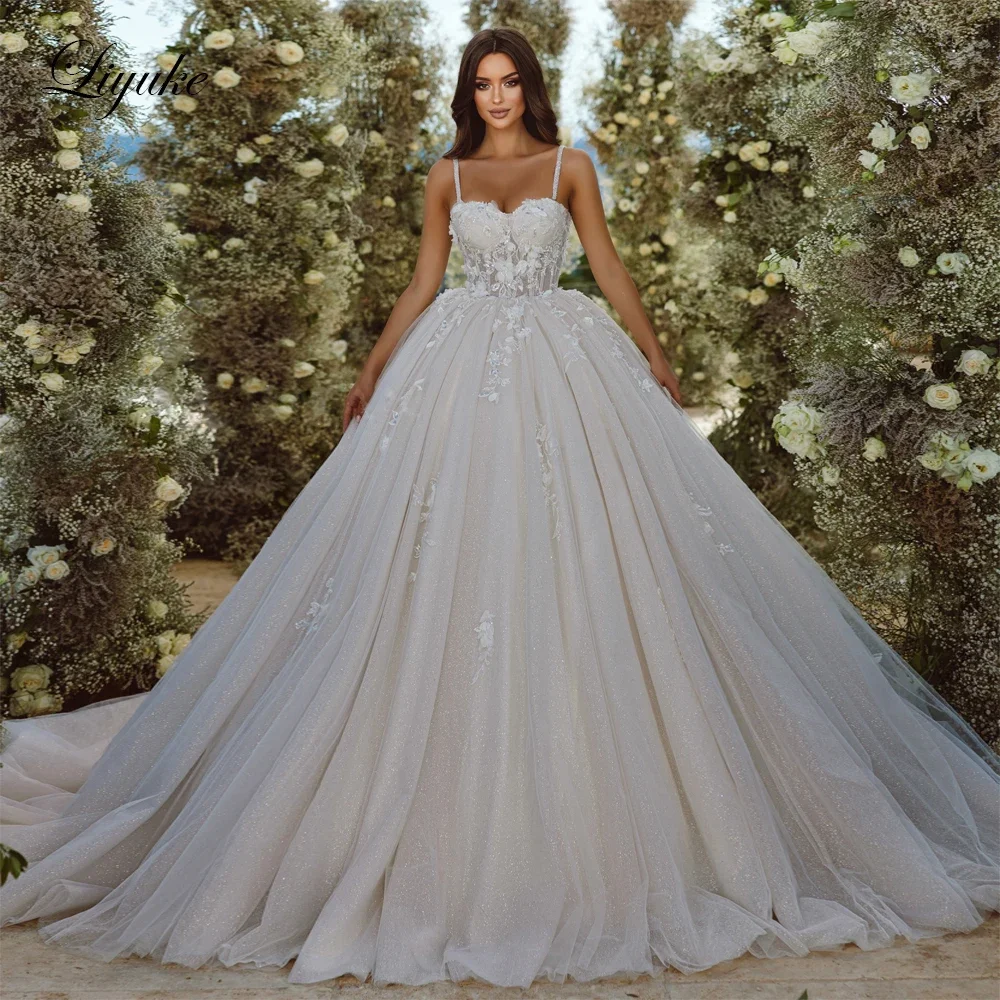 Liyuke Customize Made Lace Ball Gown Wedding Dress Of Stunning Beading 3D Appliques Lace Bridal Skirts With Removable Sleeves