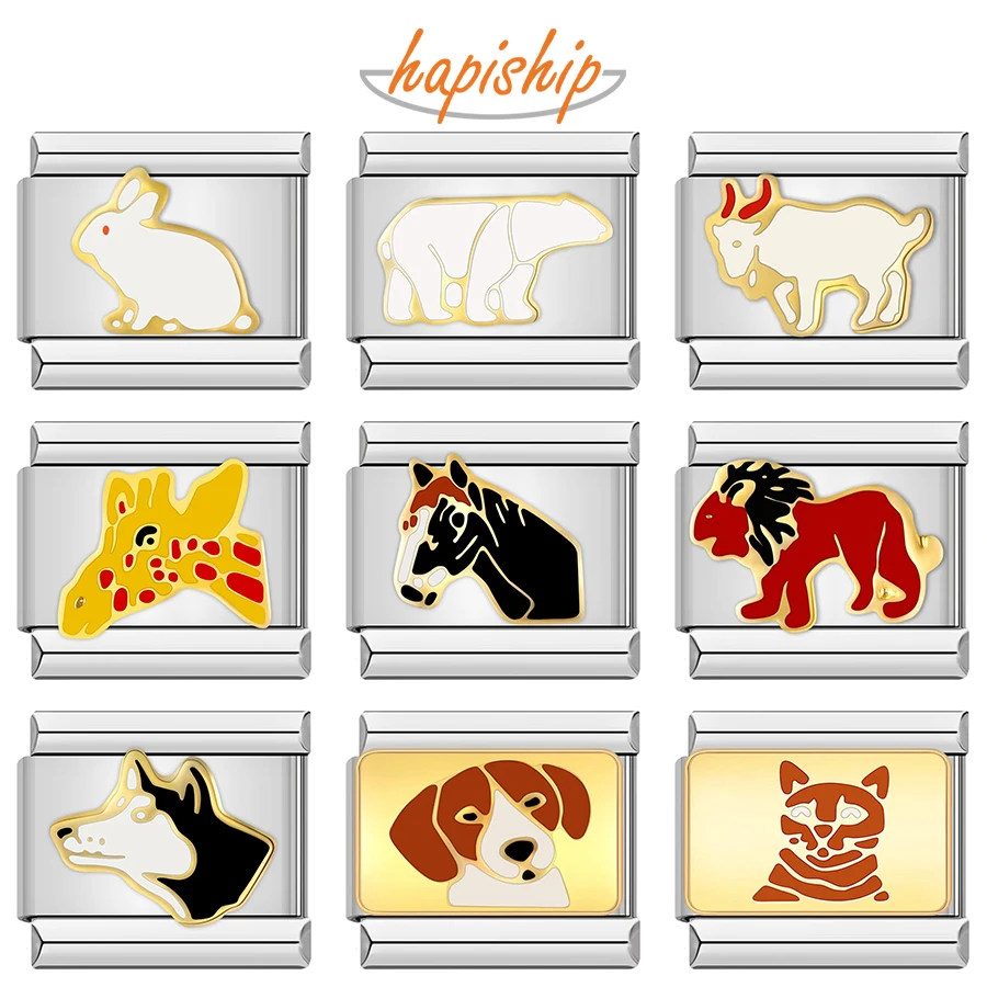 Hapiship 9mm Width Original Daisy Animal Cat Dog Horse Rabbit Lion Bear Wolf Sheep Charm Fit Bracelet Stainless Steel Link DJ42A