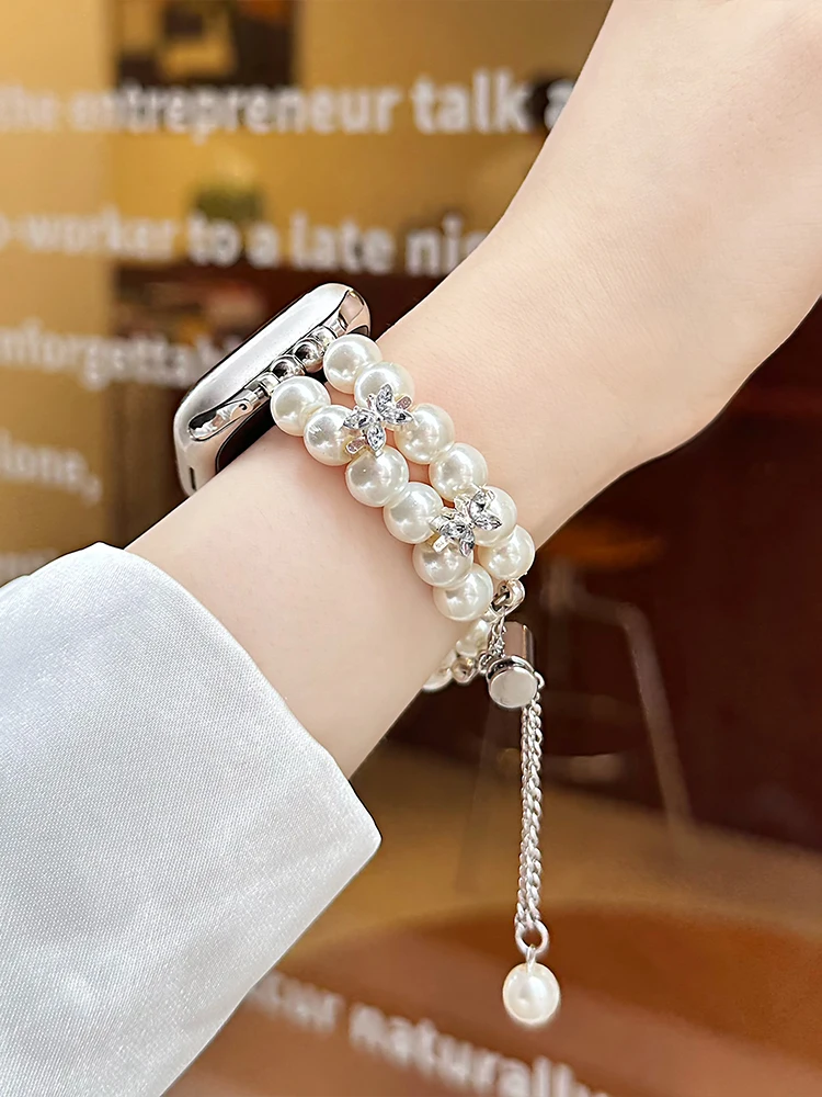 الفاخرة الماس الفرقة ل iWatch الترا 10 9 8 7 6 5 مرونة اللؤلؤ سوار للساعة أبل 38 40 مللي متر 41 مللي متر 42 45 مللي متر 46 مللي متر 49 مللي متر