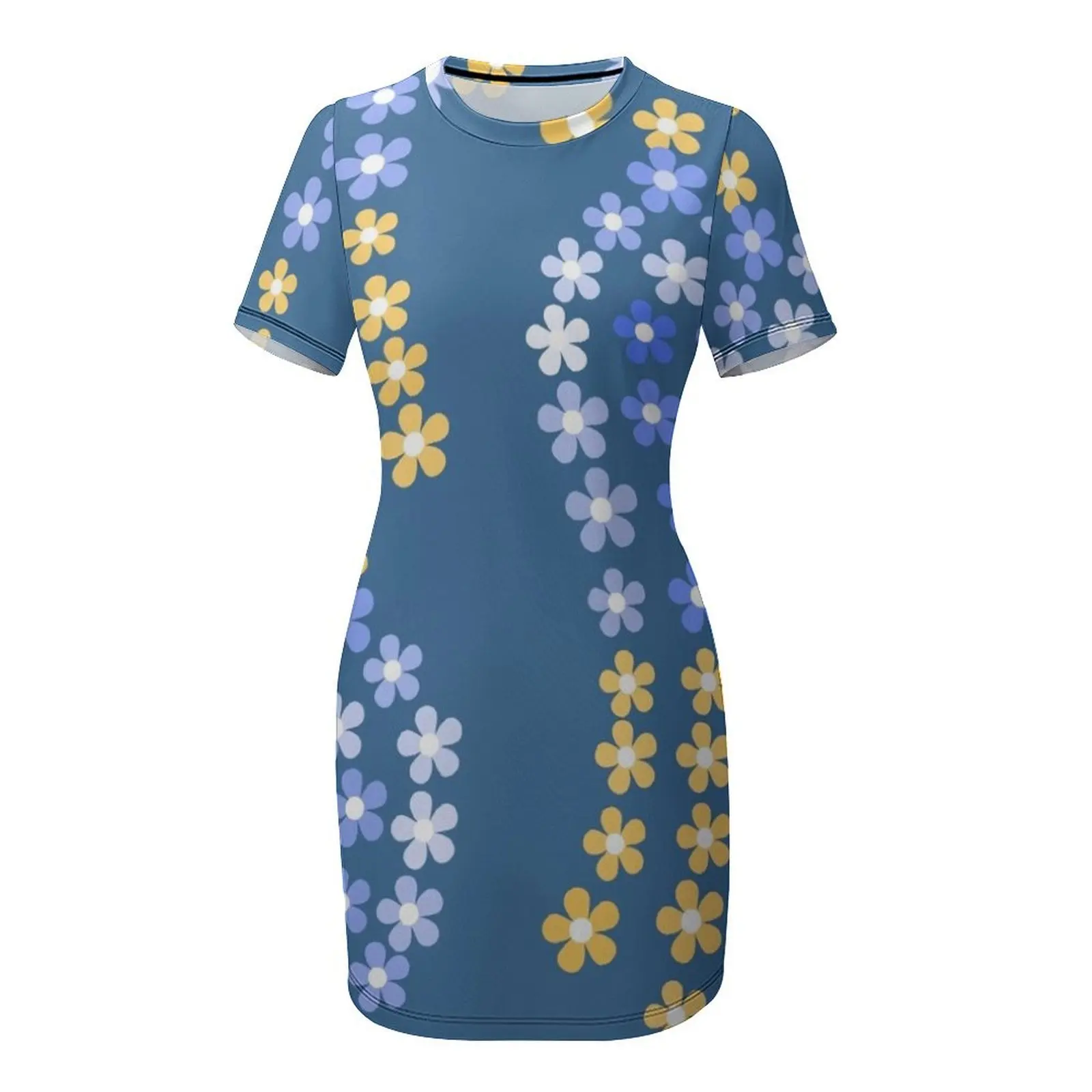 Yellow-Blue Flower Top T-Shirt Short Sleeved Dress elegant women's sets evening dress ladies