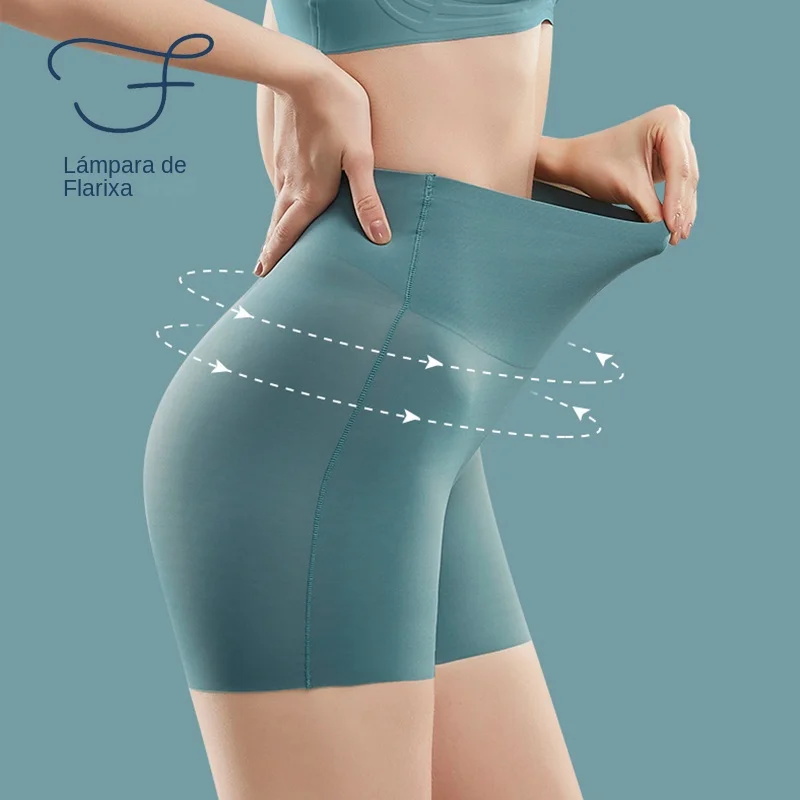 Flarixa Pantalones cortos sin costuras para mujer, pantalones de seguridad, cintura alta, talla grande, bragas tipo bóxer de seda helada, pantalones cortos con falda antifricción