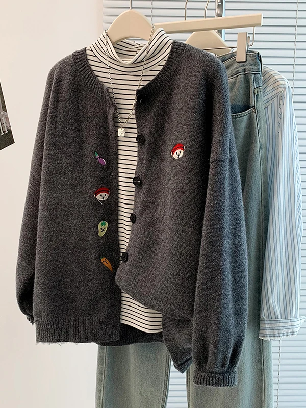 

Authentic Autumn Winter plus Size Casual Lazy Sle Embroidered Open Cardigan Sweater Jaet Versatile Loose Fit Ladies Outer...