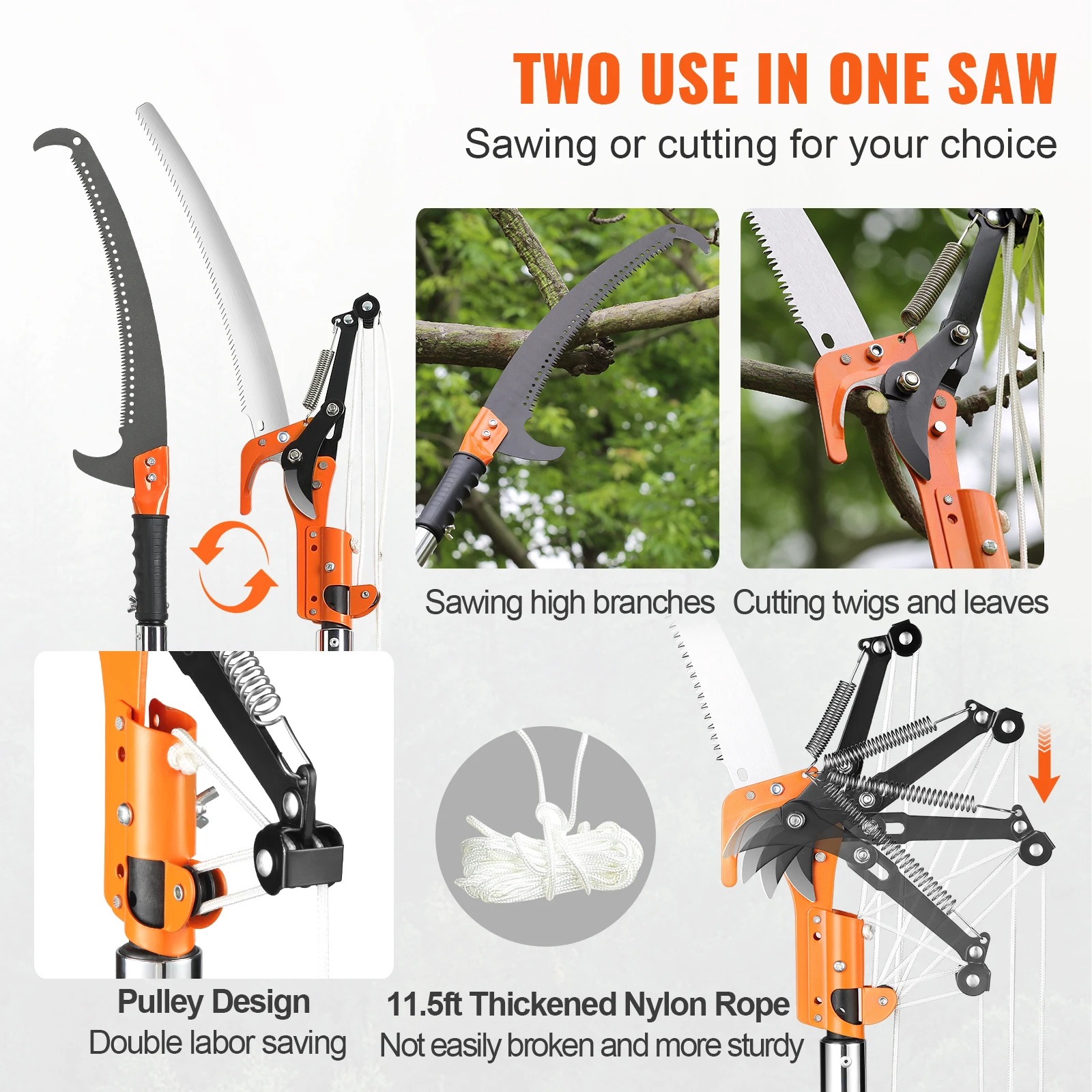 VEVOR Manual Pole Saw 7.3-27 ft Extendable Tree Pruner High Branches Trimming w/8 Fiberglass Handles for Pruning Palms & Shrubs