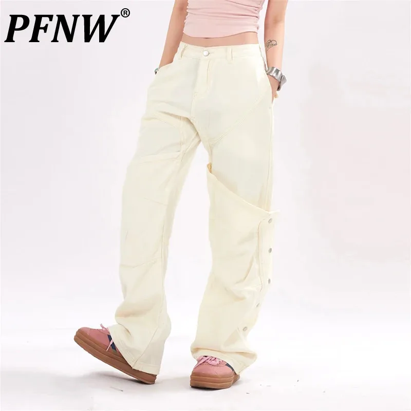 

PFNW Solid Color Men's Trendy Wide Leg Jeans Side Slit Patchwork Niche Design Denim Pants Handsome 2024 Summer Bottoms 28W3505