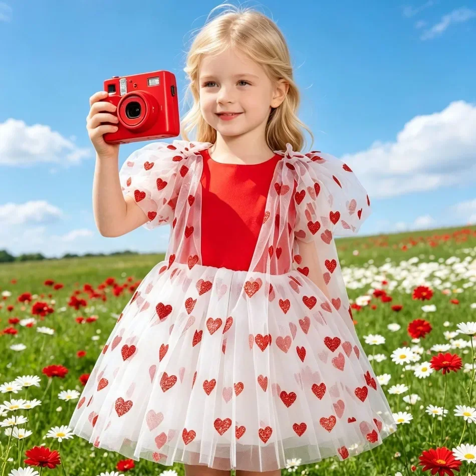 Girls Heart Tulle Princess Dress Puff Short Sleeve A‑Line Tutu Gown Kids Elegant Garden Photo Shoot Holiday Party Dress ZD36