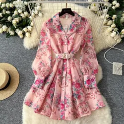 Elegant Long Sleeves Vintage Notched Neck Chic Print Fashion Sashes Slim Dress French Evening High Street Autumn Winter Clothing