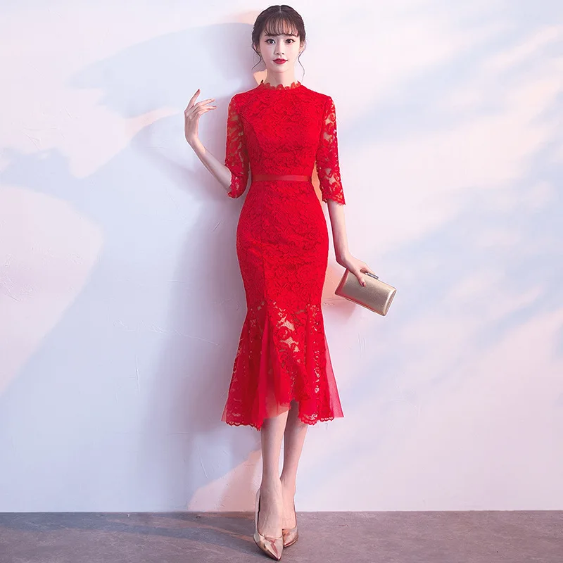 Bridal Toast Dress Cheongsam 2025 New Spring Red Lace Evening Dress Mermaid Wedding Qipao Dress