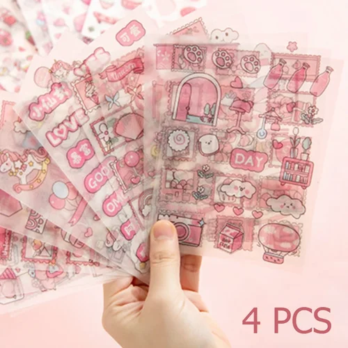 4 Uds. De pegatinas de dibujos animados de corazón rosa, pegatinas de PET esmeriladas transparentes para álbum de recortes, diario, decoración Kawaii, calcomanías de papelería para chica