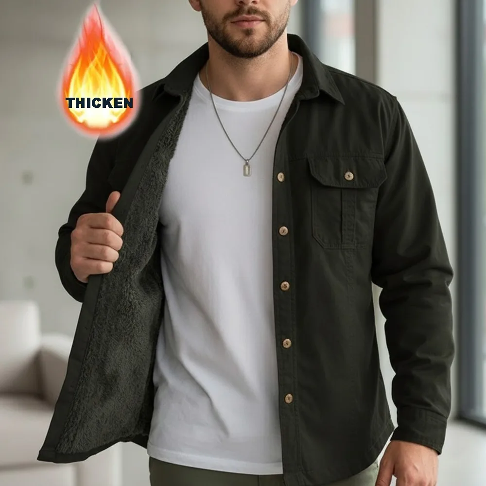 

Men's Casual Work Shirts Autumn Winter Fleece Lined Jacket Coat Outdoor Cotton Long Sleeve Button Down Military Tops Male 5XL