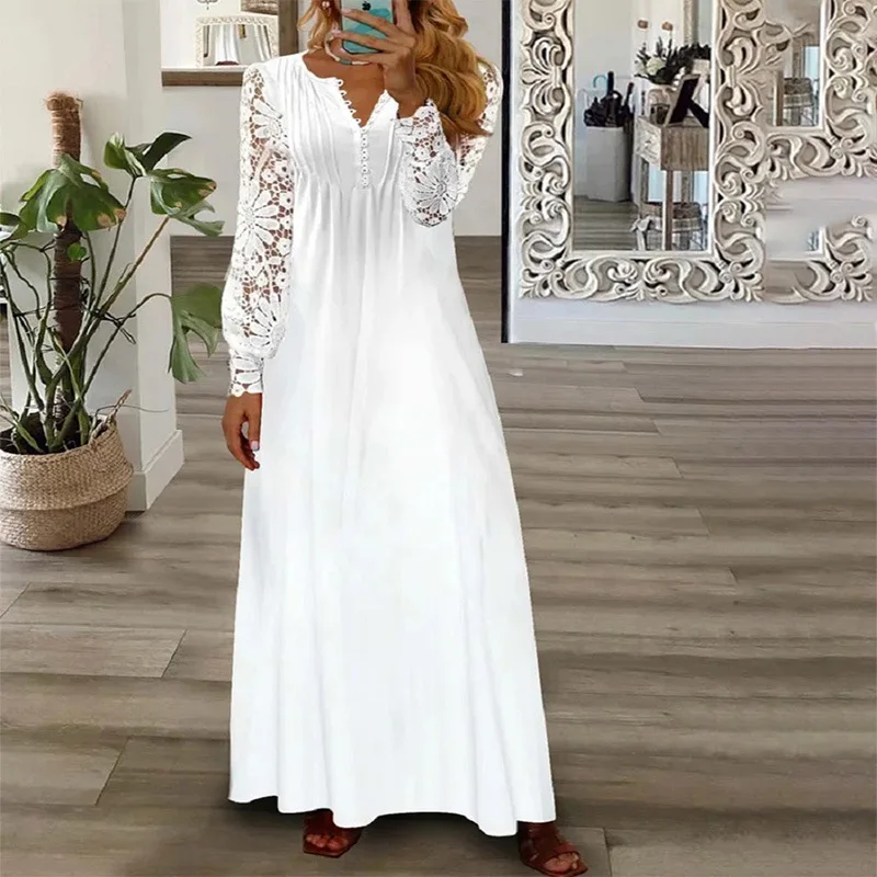 Wiosna/Lato Moda Damska Koronkowe Sukienki z Długim Rękawem Elegancka Kobieta Biały Dekolt V Slim Fit Impreza Długa Maxi Vestidos 3XL