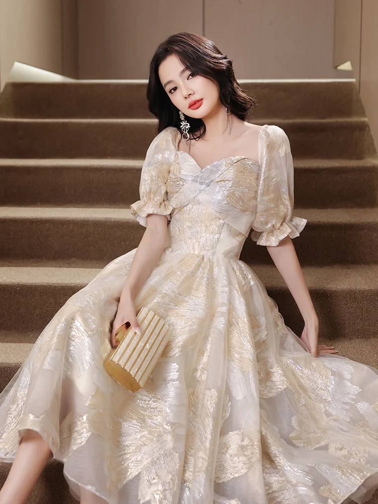 Champagne Prom Dresses For Graduation Party Elegant Sweetneck A-Line Tea-Length Lace Women Midi Dresses For Special Occasions