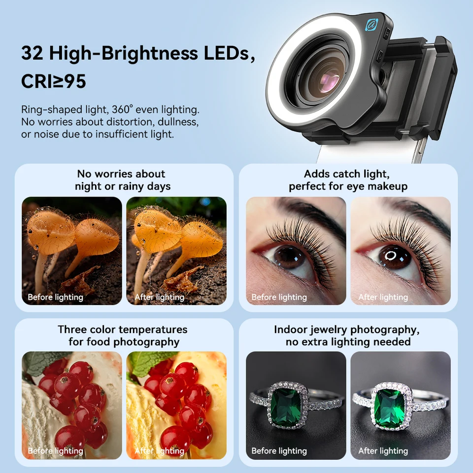 Lente macro APEXEL 10-20X zoom HD para teléfono con luz LED de relleno, para iPhone Samsung todos los smartphones, macro para pestañas 3