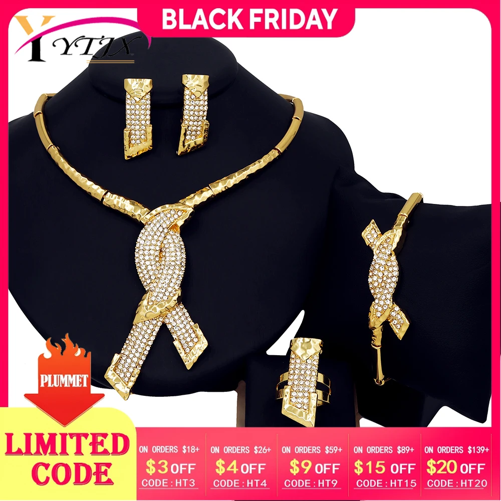 

4 Pcs Wedding Jewelry Set Hight Quality Gold Plated Necklace Bracelet Earring Ring For Women Bridal Jewellery Gift