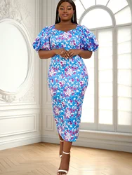 Abiti Midi stampati blu donna Plus Size 4XL scollo a cuore manica a sbuffo guaina floreale lunghezza caviglia abiti da Cocktail abiti 2024