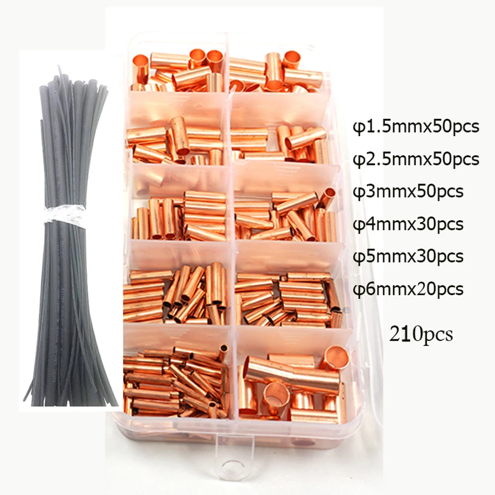 210 Pcs GT1.5-6mm Copper Tube Butt Wire Cable Crimp Connectors Terminal Kit Wire Connector With Heat Shrink Tube Electrical Part