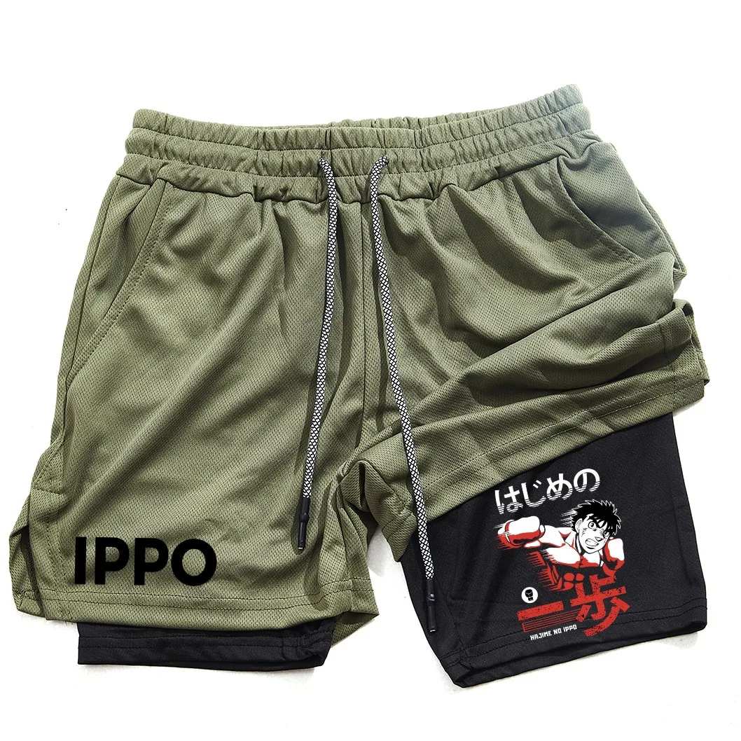 Anime IPPO Print 2 in 1 Compression Shorts for Men Athletic Performance Gym Shorts with Pockets Quick Dry Fitness Workout Boxing