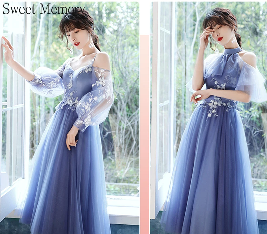 

A98118 Grey Blue Halter Bridesmaid Dress Girl Appliques Illusion Sleeves Lace Up Formal Wedding Party Prom Dresses