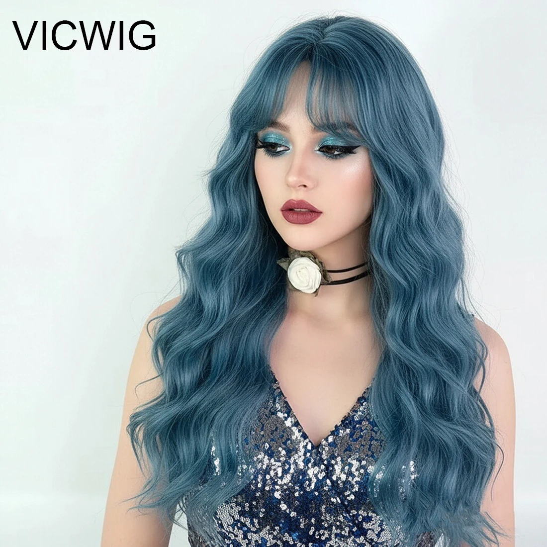 Blue Synthetic Long Wavy Wig Middle Part Fluffy Women Heat Resistant Wig for Daily Party Lolita Cosplay