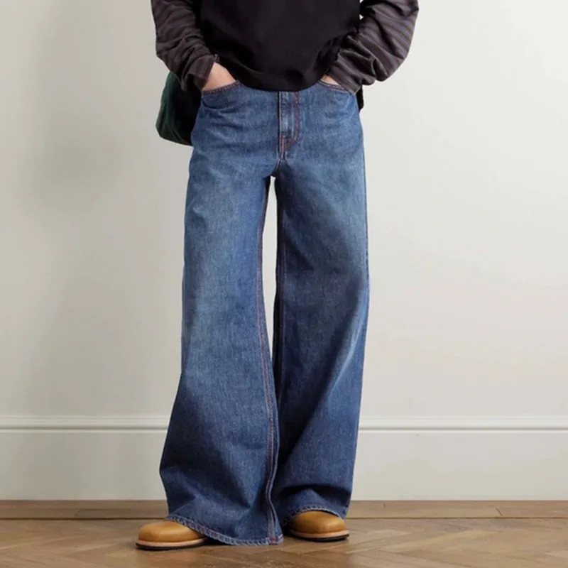 HKSH ฤดูใบไม้ผลิฤดูใบไม้ร่วงใหม่ผู้ชาย Vintage กางเกงยีนส์ล้าง Topstitch Baggy ผู้หญิงขากว้าง Faded Denim กางเกง Chic Ins Hig Street HK8740