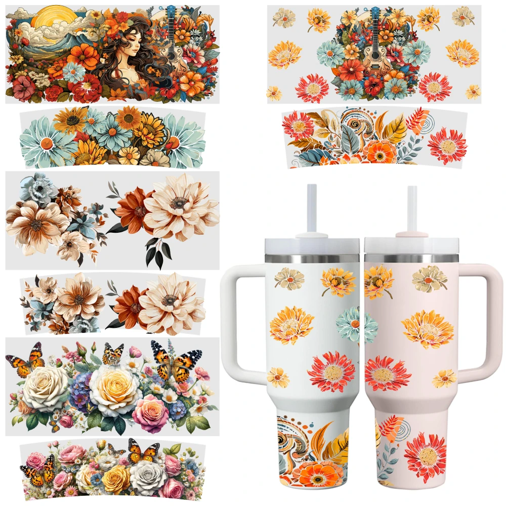 4 Sheets Floral Butterflies Guitar Sunflower Daisies Roses Leaves Patterns UV DTF Stickers for 40oz Tumblers Waterproof DIY Cup