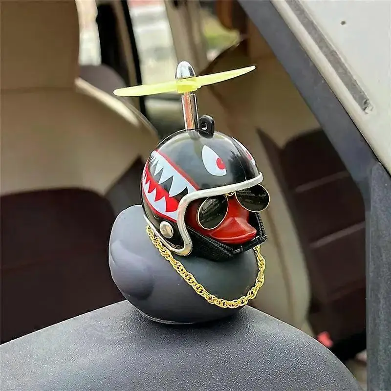 Schwarze Gummi-Ente als Auto-Armaturenbrett-Ornament mit Propeller, Helm und Sonnenbrille, Lustiges Auto-Innenzubehör, Fahrrad-Ornament, Geschenk – Detail 2