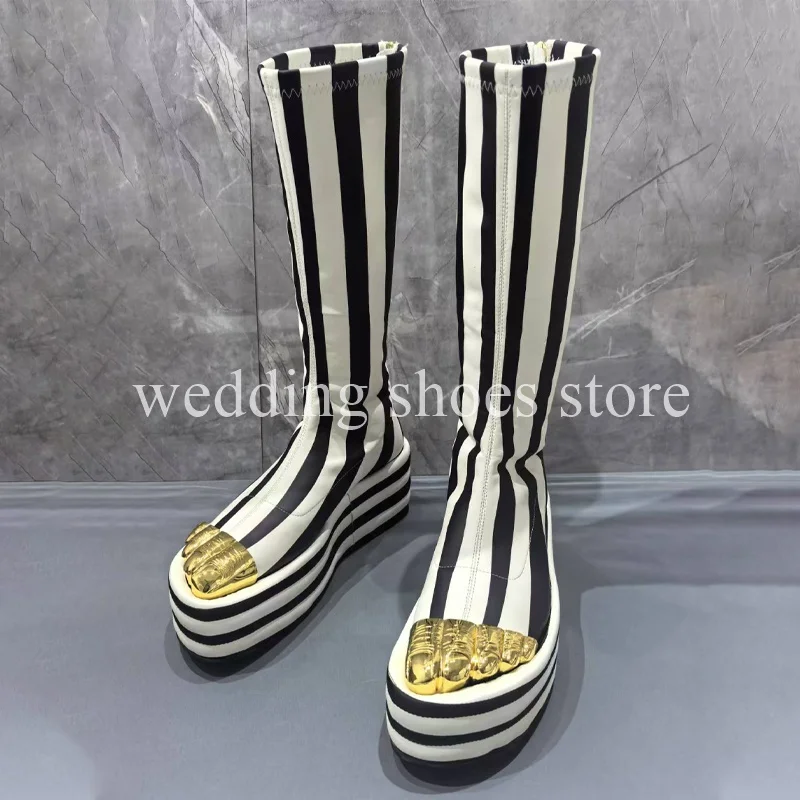 Black White Stripes Women‘s Golden Five Toes Catwalk Boots Chunky Platform Boots  Leather Sexy Long Skinny Boots Women Shoes