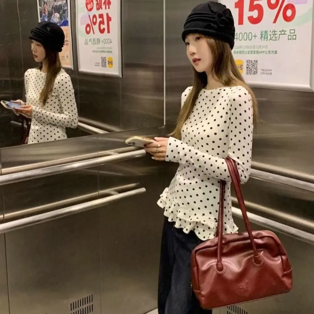 2025 Ruffle Trim Long Sleeve T-Shirt Polka Dot Thin Layered Blouse Sweet Interior Top