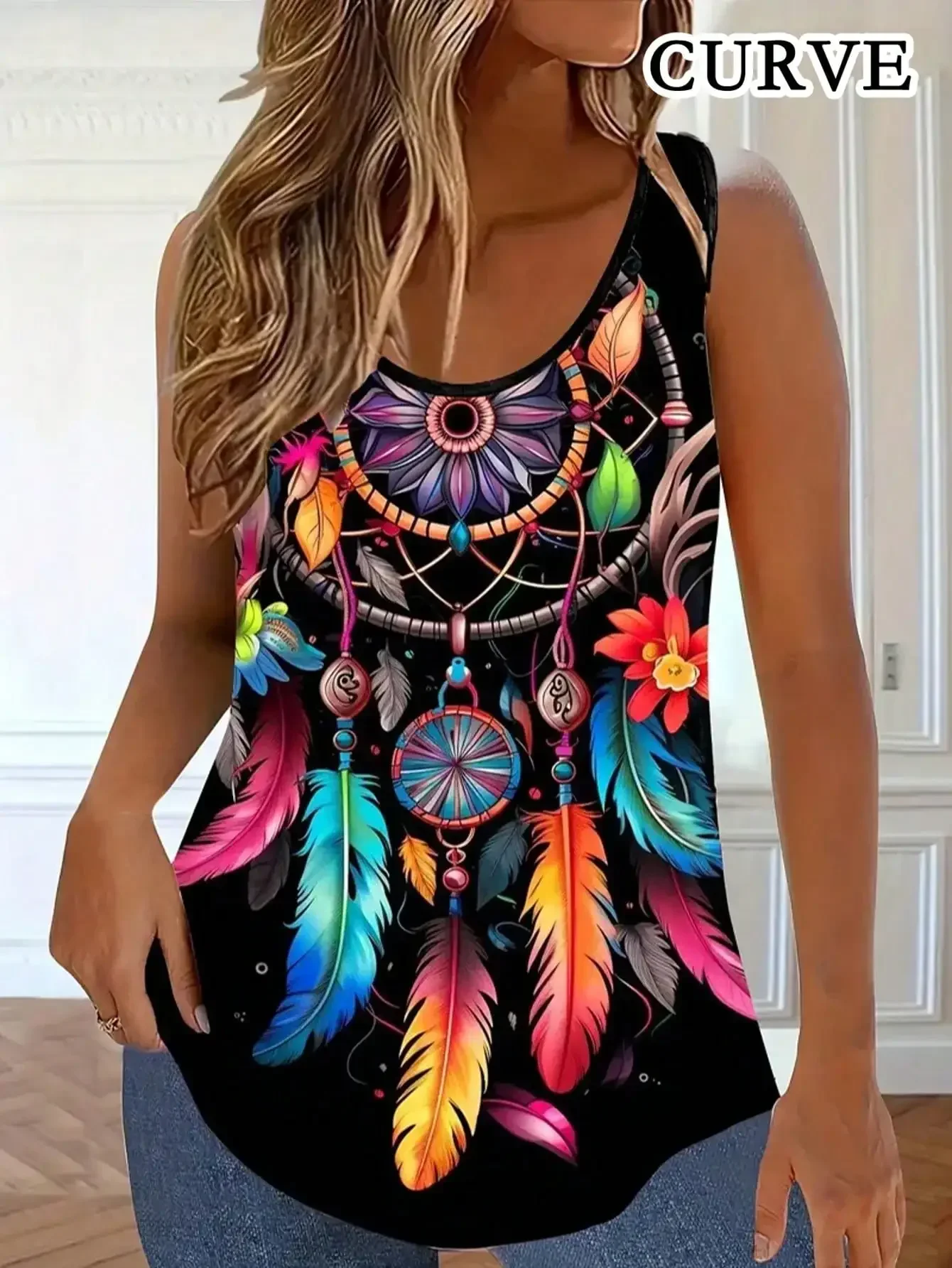 

Большие размеры 1XL-5XL, женские повседневные летние топы без рукавов с принтом перьев, женские базовые топы, топы для отдыха и отдыха