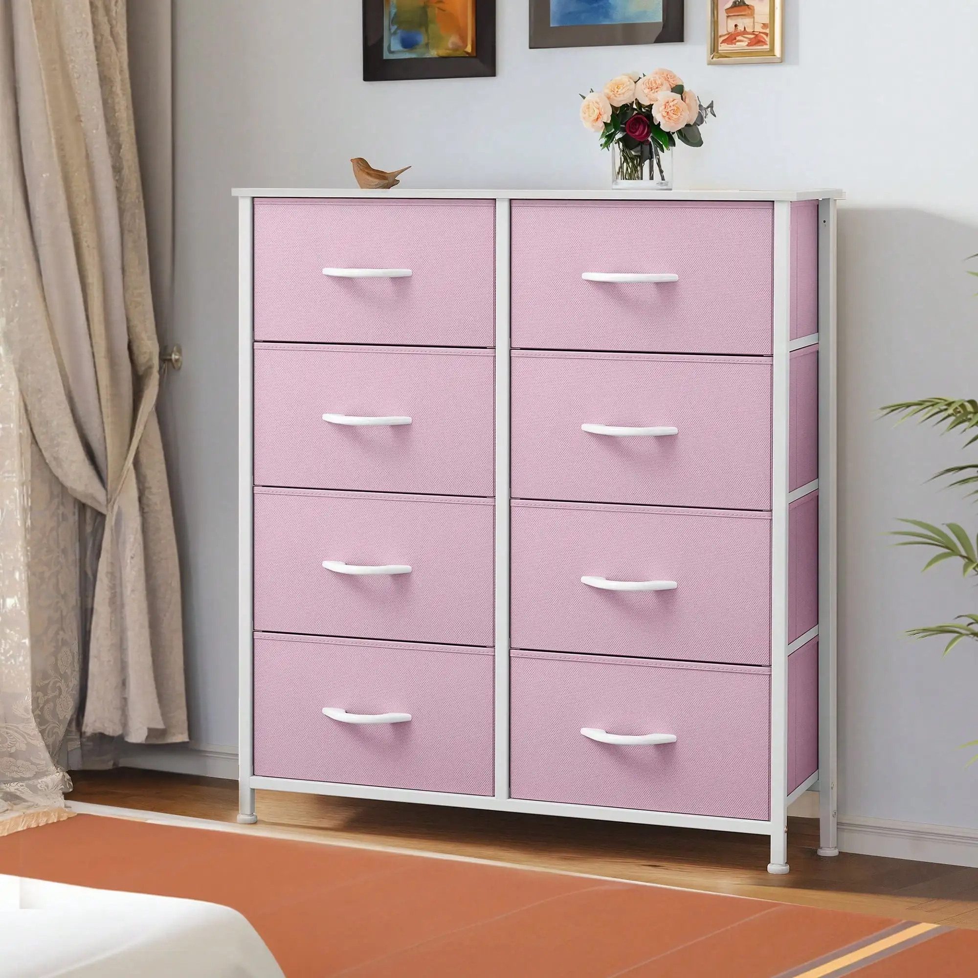 Homnibu Fabric Dresser For Bedroom, Tall Storage Dresser With 8 Drawers, Black Dresser & Chest Of Drawers, Storage Drawer Organizer For Closet, Bedroom, Living Room(Pink) Halloween Decorations Halloween Costumes Autumn Decor Festival Decor