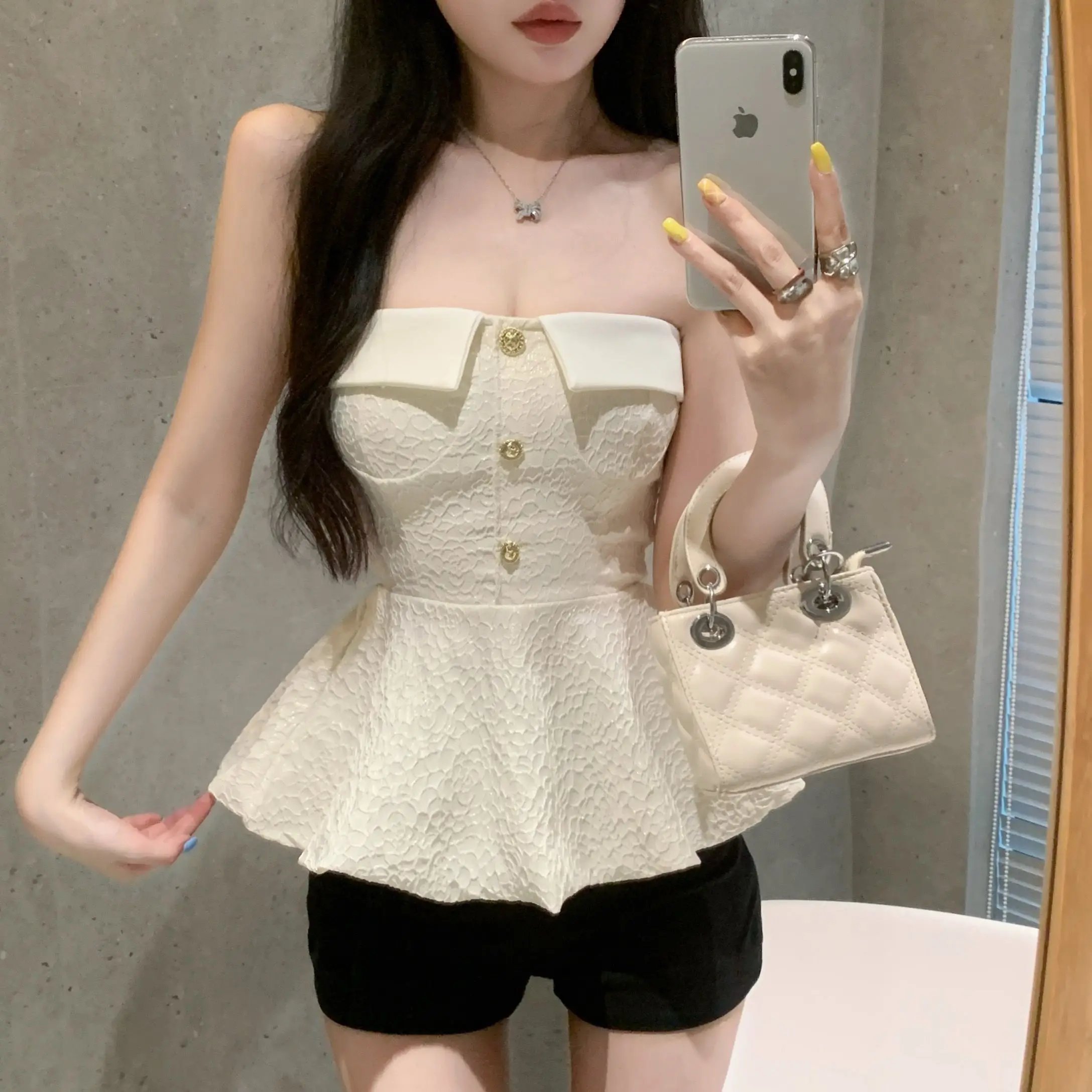 American Niche Chic Sexy Halterneck Camisole Women\'s Summer Fluffy Tweed Style Top Summer