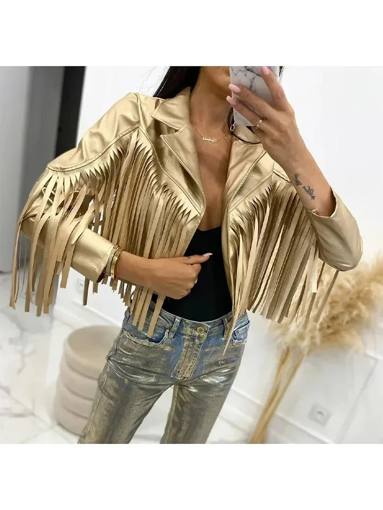 Traf PU Leather Tassel Women\'s Jacket 2023 Autumn Turn Down Collar Spliced Casual Jackets Female Fashion Streetwear Short Coats