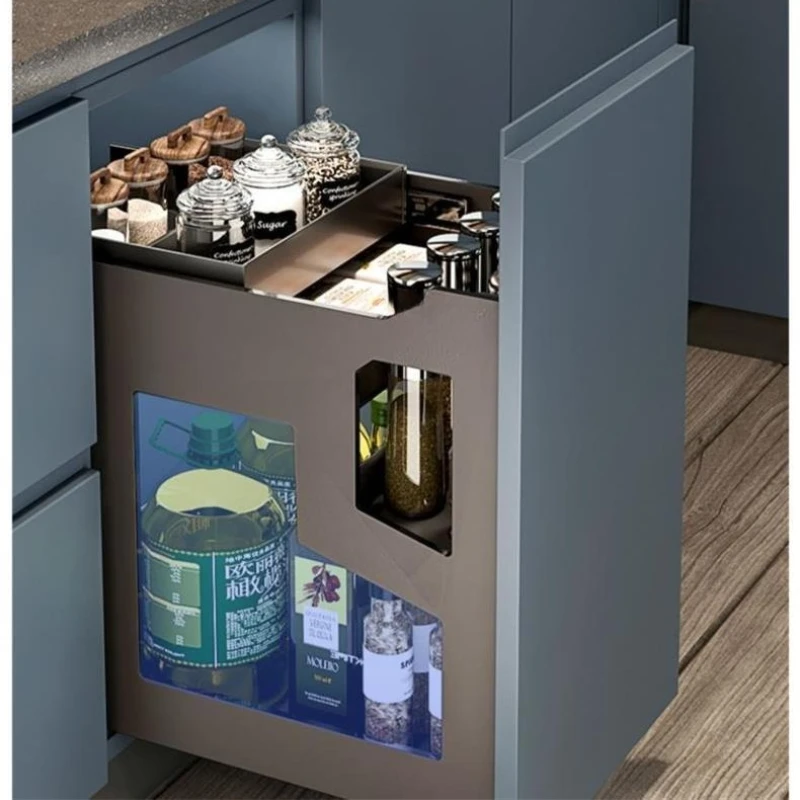 

Seasoning basket Double-layer drawer seasoning basket Kitchen cabinet Built-in partition storage bowl basket