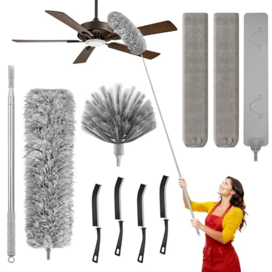 100-inch Duster with Extension Pole, 9-in-1 Cobweb Duster Kit Includes Spider Web Brush and Flat Gap Cleaner for High Ceiling,