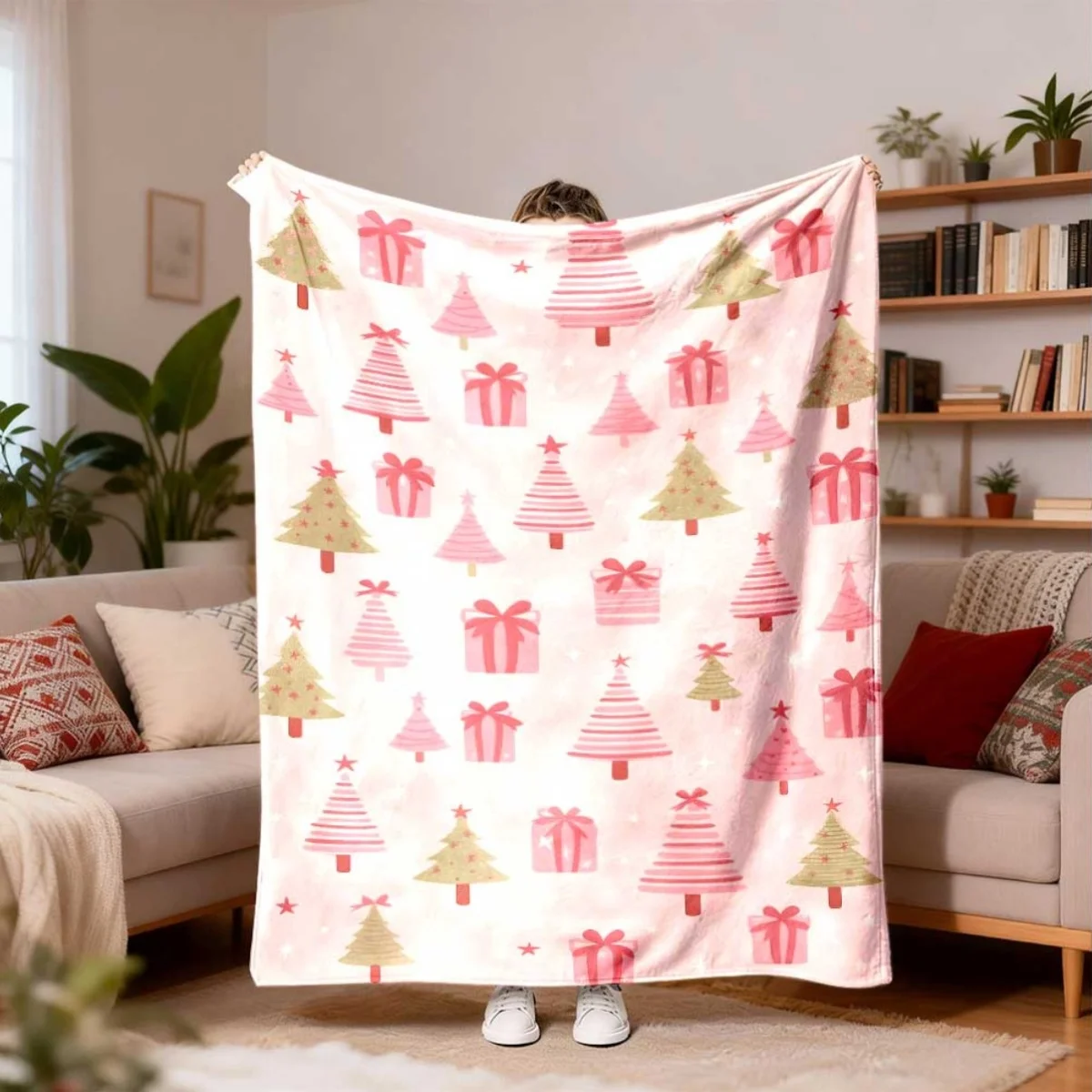 Double-Sided Fleece Tree And Gift Flannel Blanket, White And Pink Holiday Pattern, All-Season Sofa Throw Blanket, Nap Blanket, C