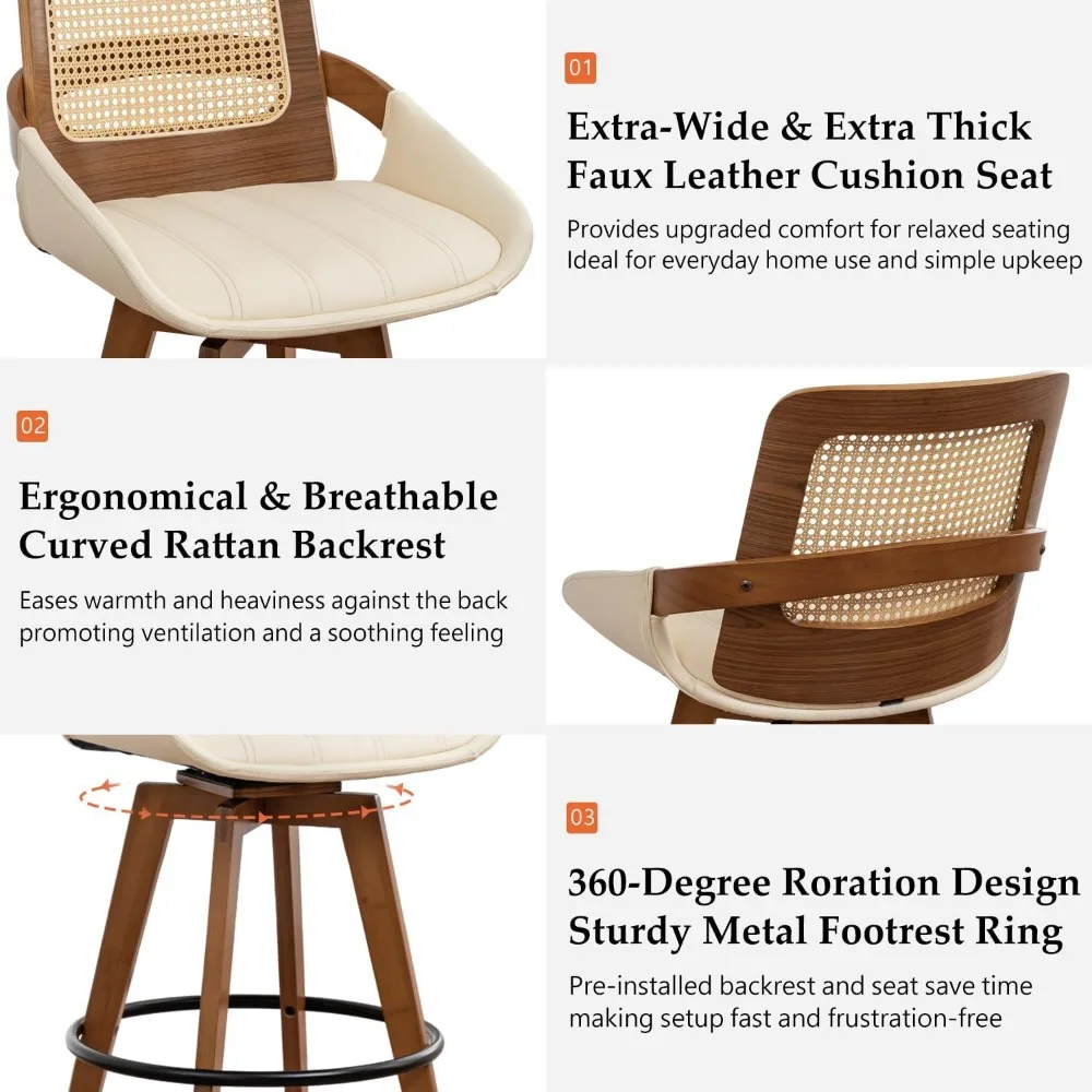 26,4" drehbare Thekenhocker, 2er-Set – Rattan-Rückenlehne, Sitz aus Kunstleder und Walnuss-Finish ​