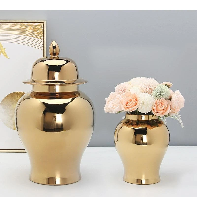 

Bright Gold Ceramic General Jar with Lids Golden Vases Flower Arrangement Desk Decoration Jewelry Jars Cosmetic Containers