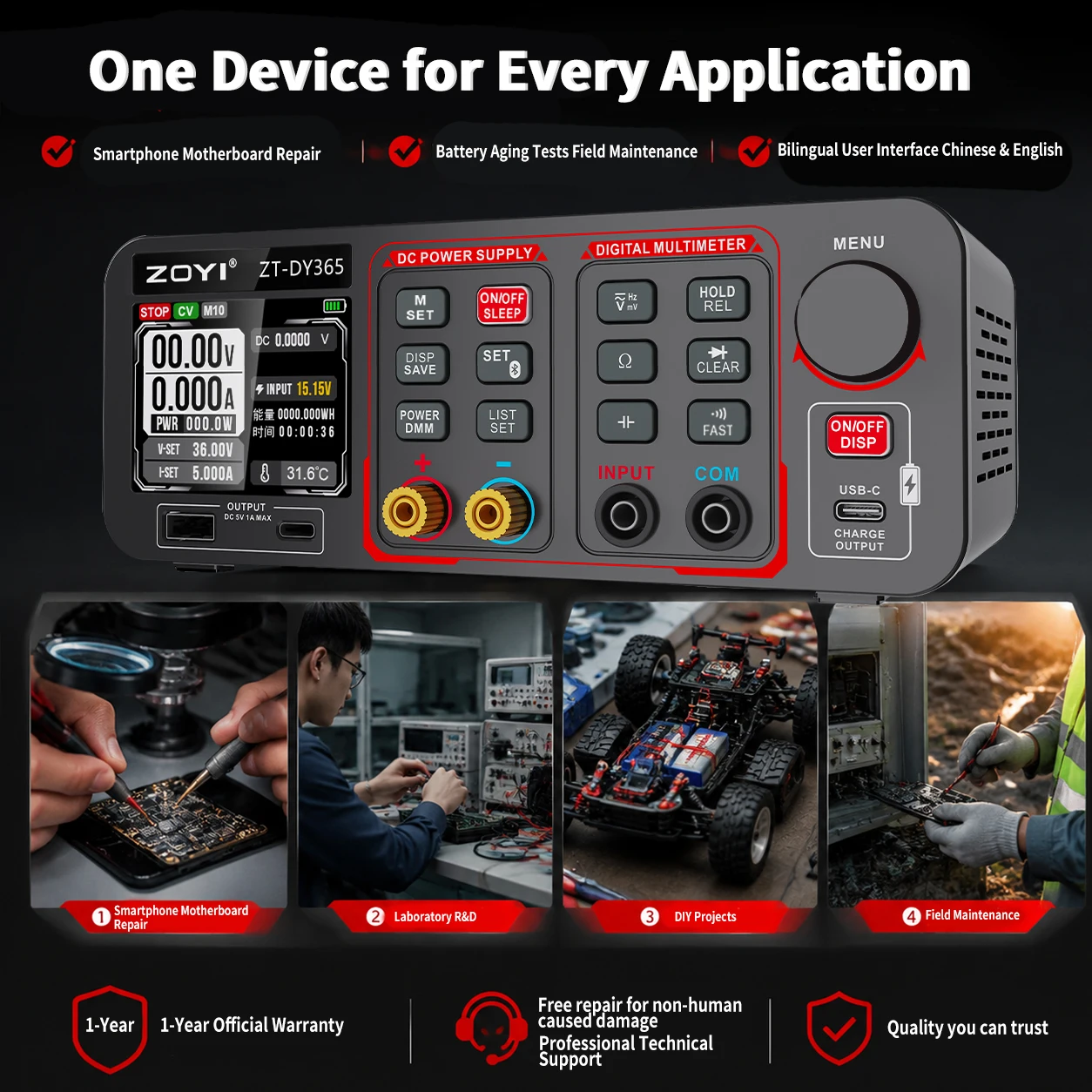 ZOYI DY365 180W Programmable DC Power Supply High Precision Multifunction Mobile Power 2-in-1 Multimeter