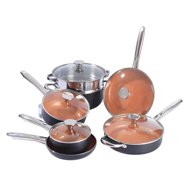 12-Piece Stainless Steel Cookware Set Ceramic Non-Stick Coating Includes Pots Fry-Copper Silk Color Long Handle Classic Glass