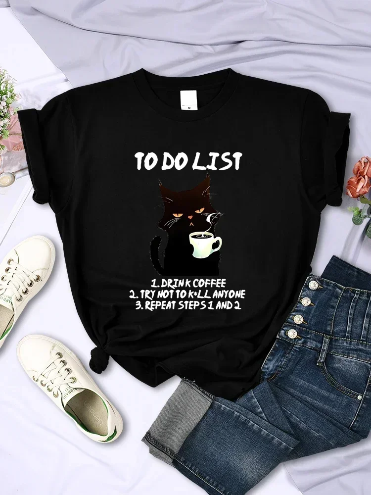 Black Cat To Do Graphic TShirts Funny Cat Coffee Tshirts Harajuku Harajuku Short Sleeve Casual Clothing Street Aesthetic Clothes