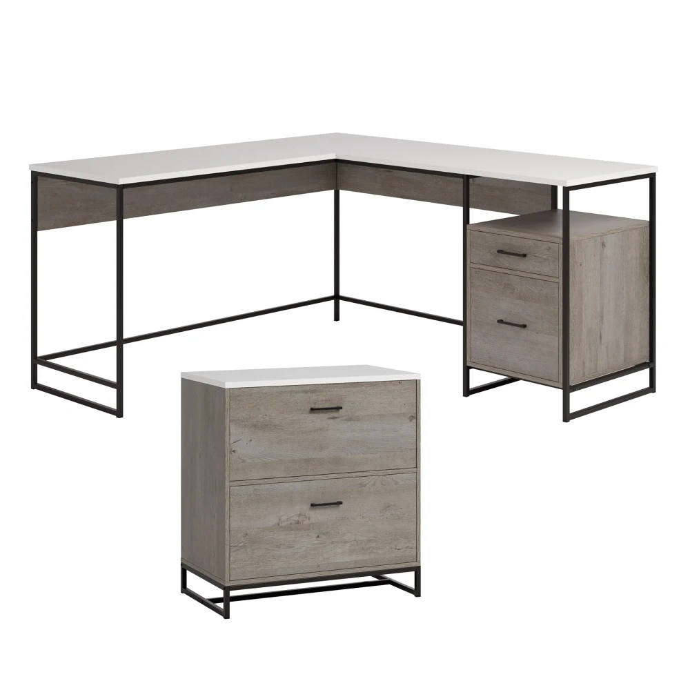 

L-образный стол и боковой шкаф для документов, компьютерный стол с коричневой отделкой