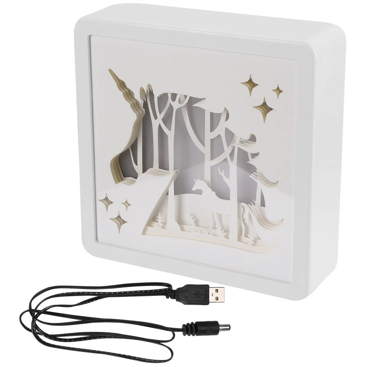 صندوق إضاءة نحت ورقي ثلاثي الأبعاد يونيكورن مربع ريترو أبيض للإضاءة الزخرفية الداخلية المحمولة معلقة للتخييم للاستخدام الليلي #6