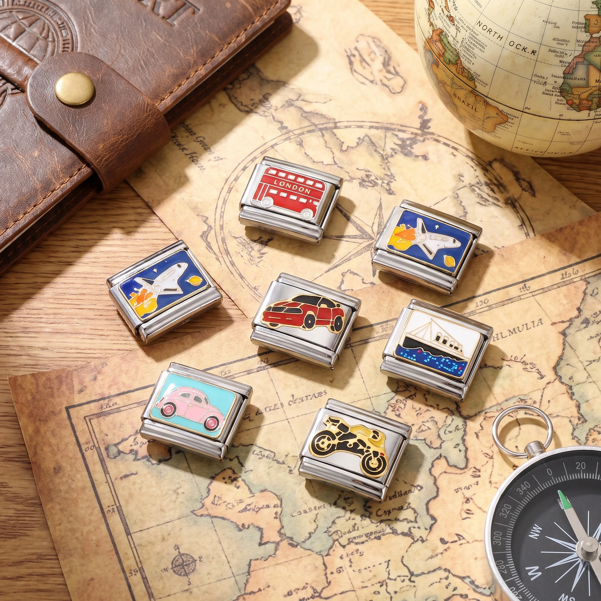 Airplane Rocket Train Car Motorcycle Ship Transportation vehicles Italian Charm Link Stainless Steel Bracelet Jewelry DIY Making