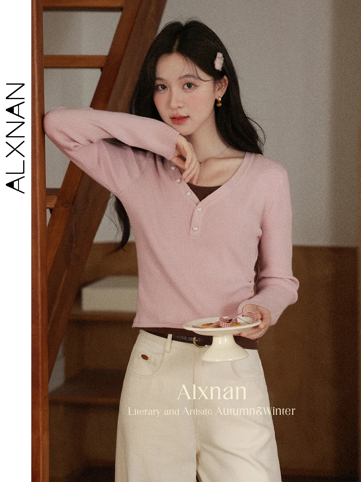 

ALXNAN Women's Sweater Pink Fake Two-piece V-neck Pullovers Fall Winter Slim-fit Casual Elegant Long Sleeve Tops Female L56827